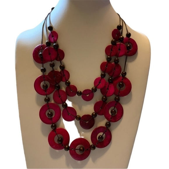 13”Triple Strand Gorgeous Fuchsia Wooden Disc on Brown Cord Necklace & Earrings - Picture 1 of 6